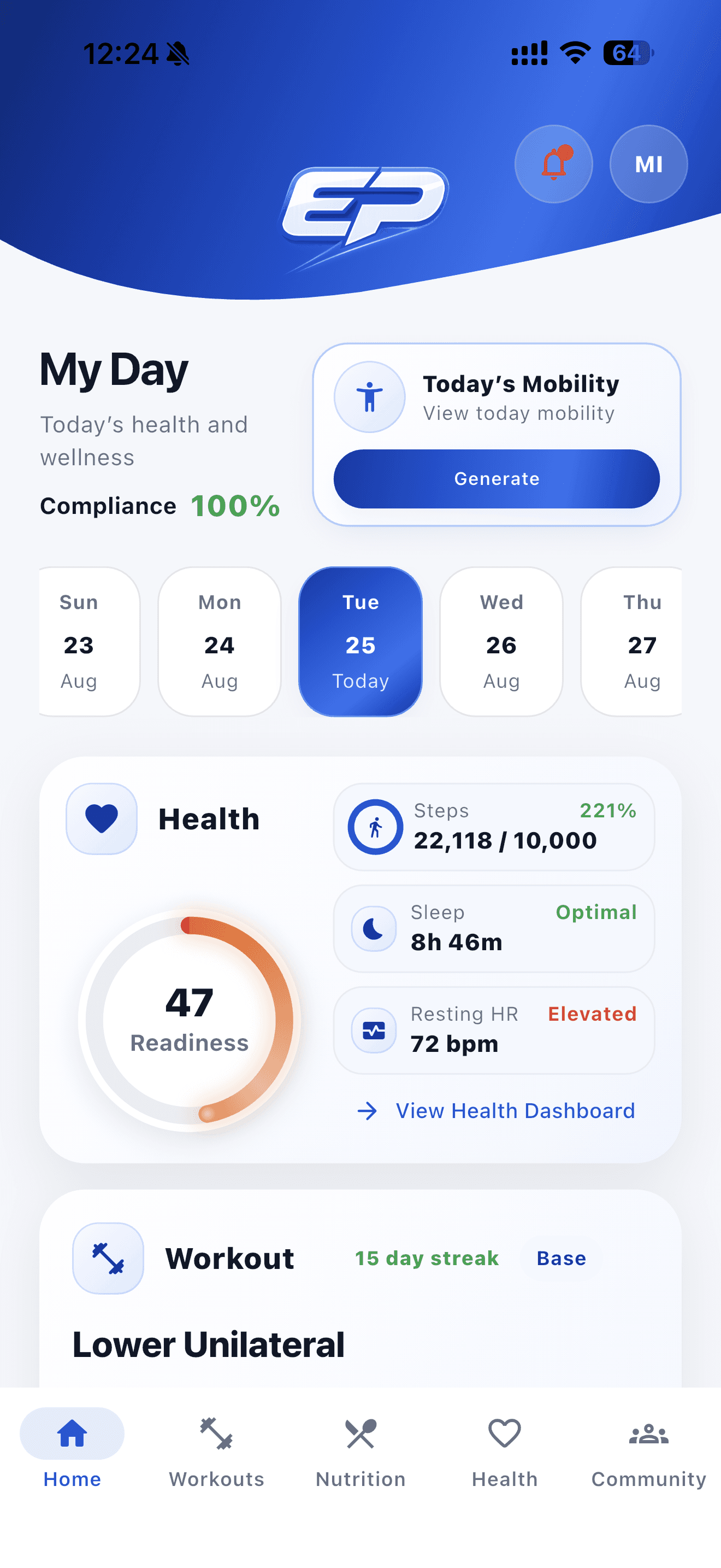 Daily Elite Pocket PT diary and home screen