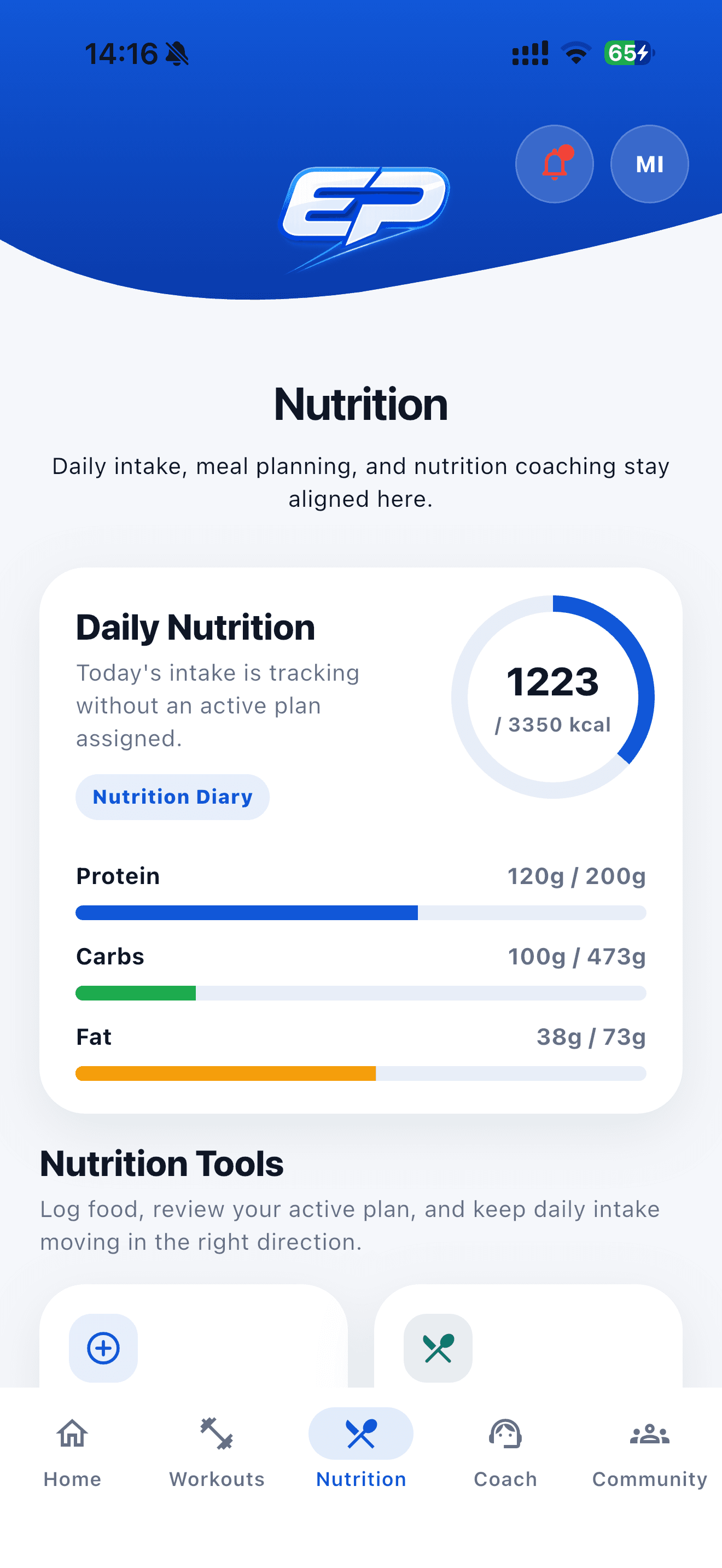 Nutrition app screen 1